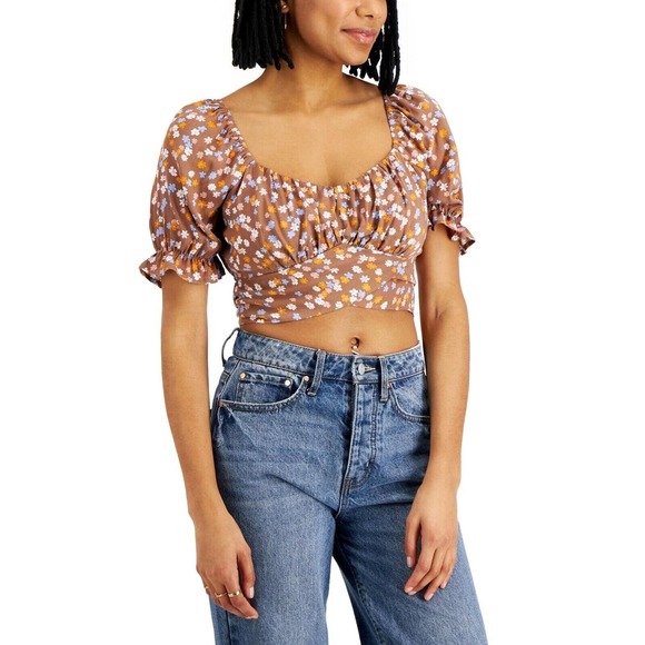Just Polly Juniors Womens Sz Small Floral Tie-Back Peasant Fitted Top Brown New - Picture 1 of 7